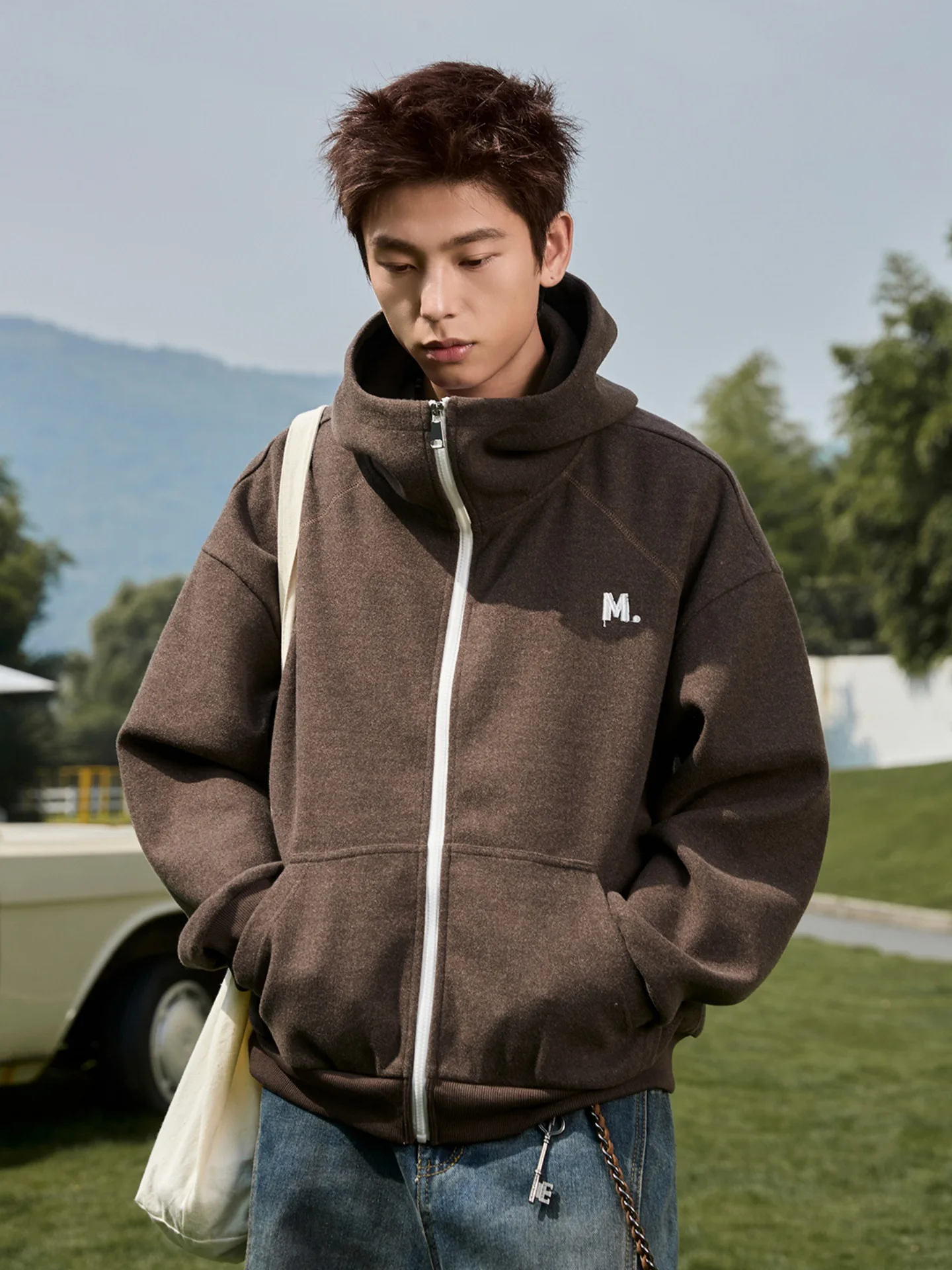 

Clashing Color Zipper Letter Embroidery Tweed Hooded Sweatshirt Men's Autumn American Retro Loose Half-High Neck Hoodie Jacket
