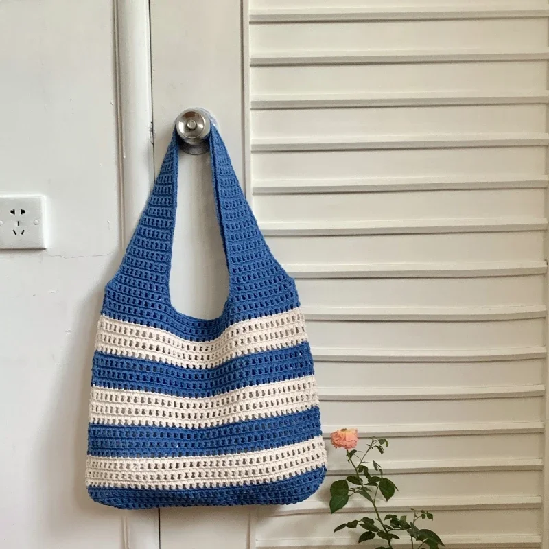 Ins Fashion Vintage Colour Blocking Striped Knitted Hollow Tote Bag Large Capacity Shopping Bag Shoulder Bag Handbag for Women