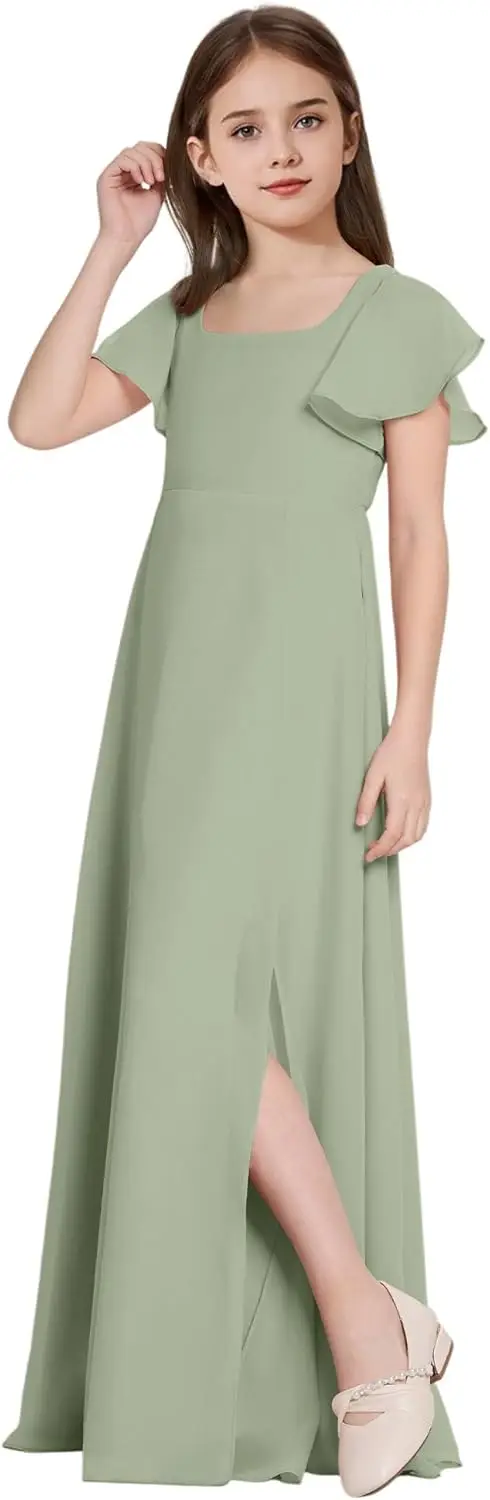A Line Square Neck Junior Bridesmaid Dresses Girls Formal Chiffon Flower Girl Dress Long Party Gown with Leg Slit  Girls Dress