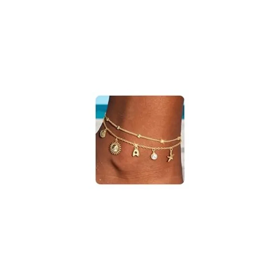 

Ankle Bracelets for Women - Gold Initial Anklets for Women Waterproof Handmade Layered Gold Beach Seashell Starfish Sun Pearl B