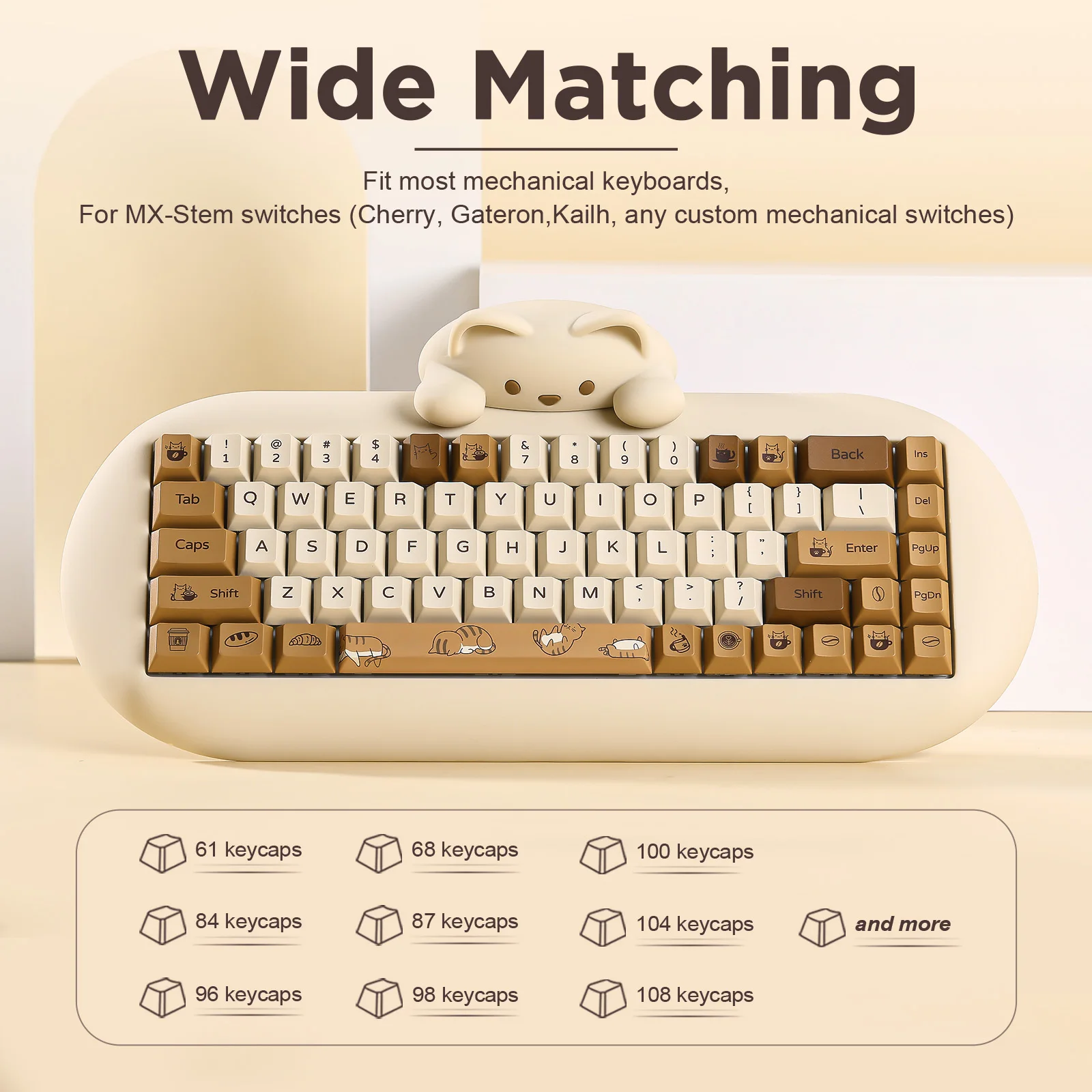YUNZII Coffee Cat PBT Keycaps, 152 Full-Key Dye Sublimation Custom Keycap Set for Gateron MX Switches Mechanical Gaming Keyboard