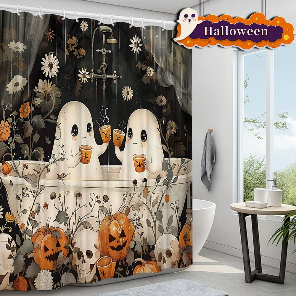 1/4pcs Cute Ghost Shower Curtain Cartoon Fabric Spooky  Halloween Shower Curtain Home Bathroom Decor Set Rug Toilet Cover