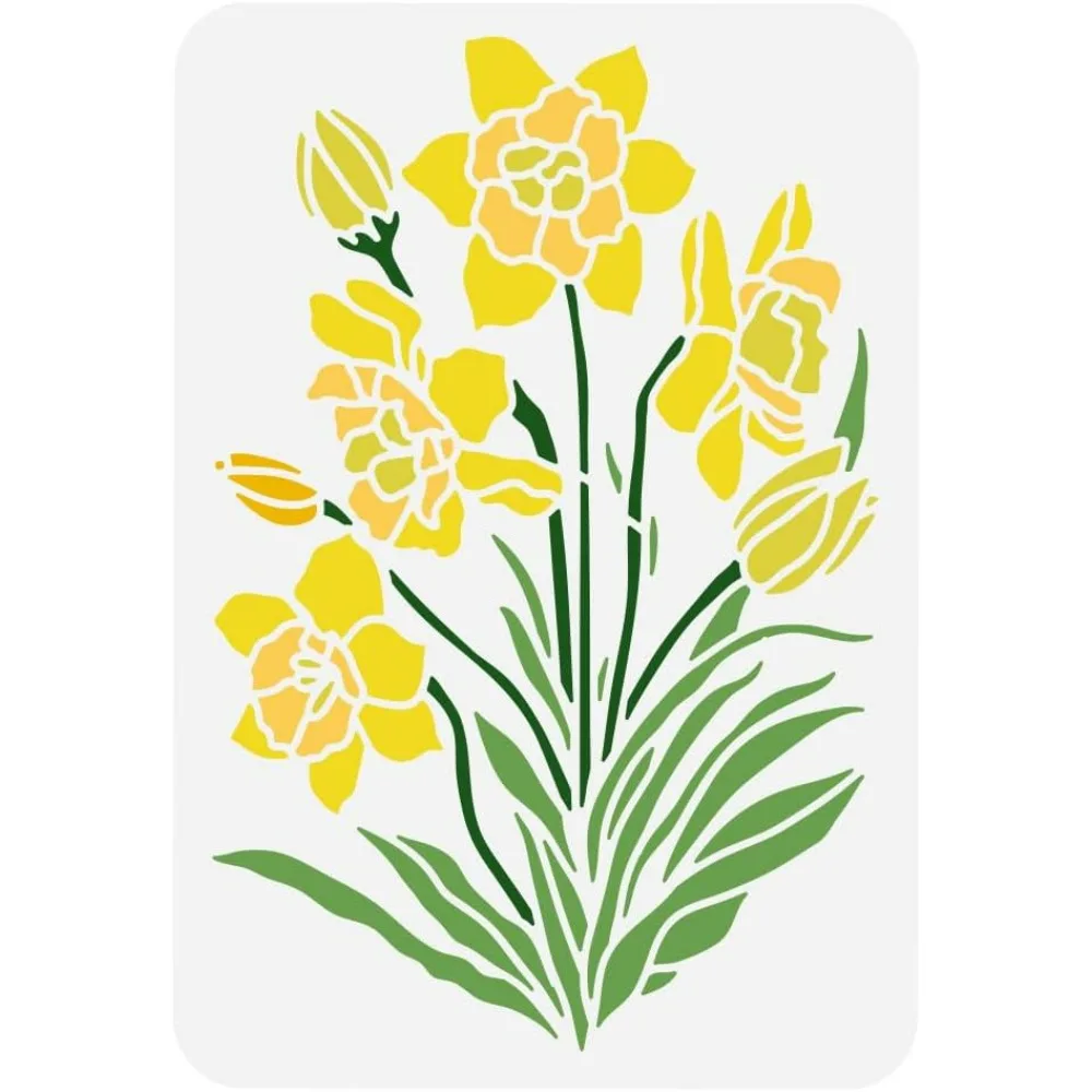 Daffodil Stencil for Painting 8.3x11.7inch Wildflower Stencil Flower Leaf Painting Stencil Daffodil Flower Pattern Plant Theme