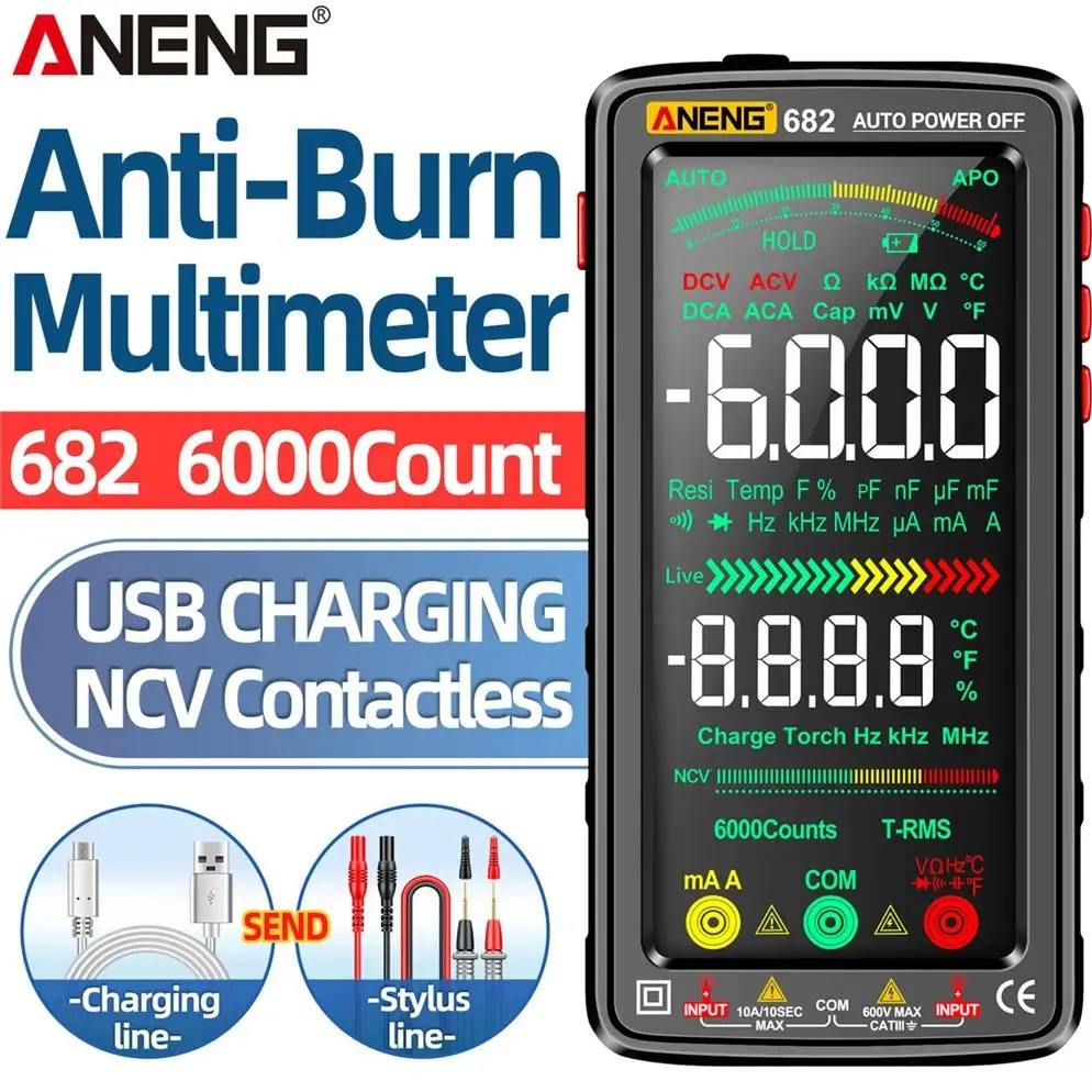 

Цифровой мультиметр ANENG 682 Smart, перезаряжаемый, 6000 измерений, измерение напряжения и тока AC/DC, тест температуры, диодный тестер, инструменты