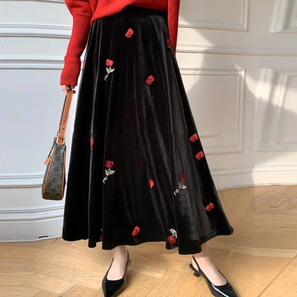 

2026 autumn and winter new velvet embroidery [red rose] temperament niche A-shaped umbrella skirt medium and long skirt women