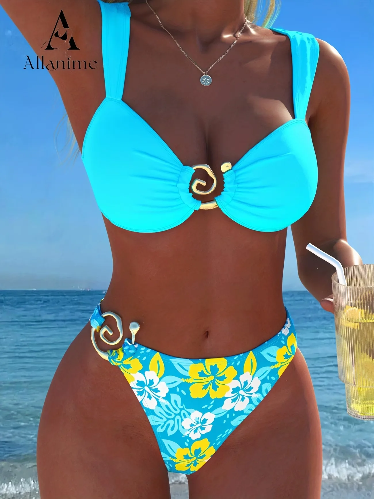 

2026 Lake Blue Floral Print Metal Buckle Two Piece Bikini Set Women Push Up Tummy Control Sexy Swimsuit Swimwear Beach Vacation