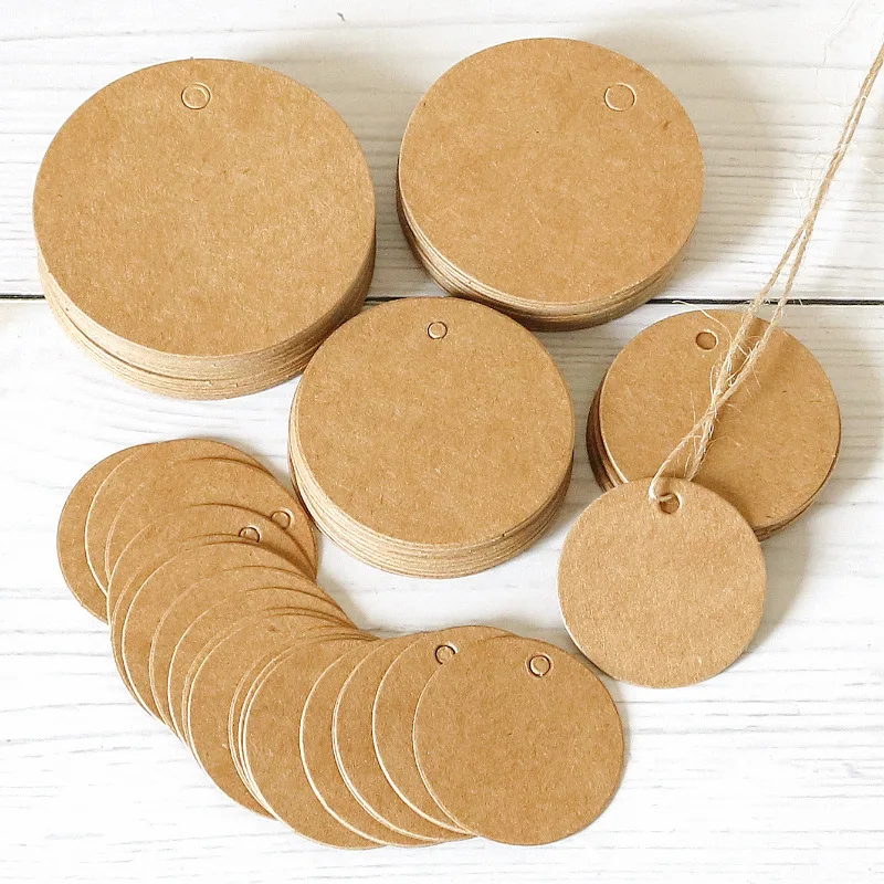 100pcs 3-5cm Round Kraft Paper Tags with Strings Wedding Birthday Christmas Party Gift Hang Tag Labels Packaging Supplies Decor