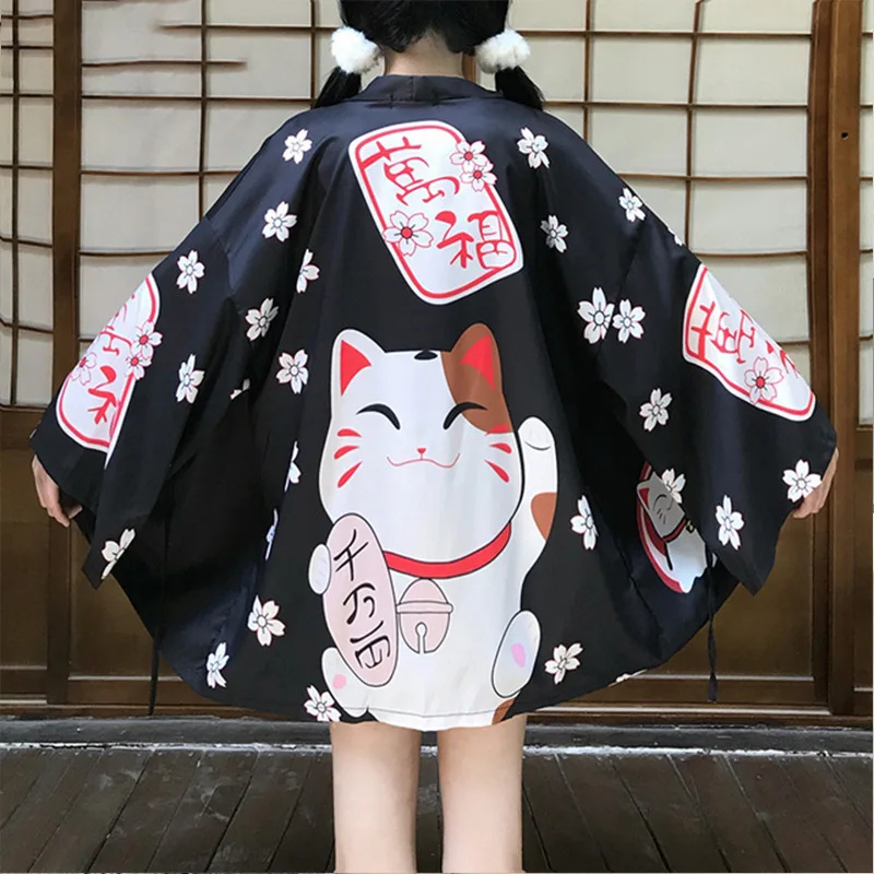 Кимоно для женщин и мужчин, традиционное азиатское кимоно с принтом японских кошек, хаори, юката, самурая, Харадзюку, кардиган, рубашка для косплея