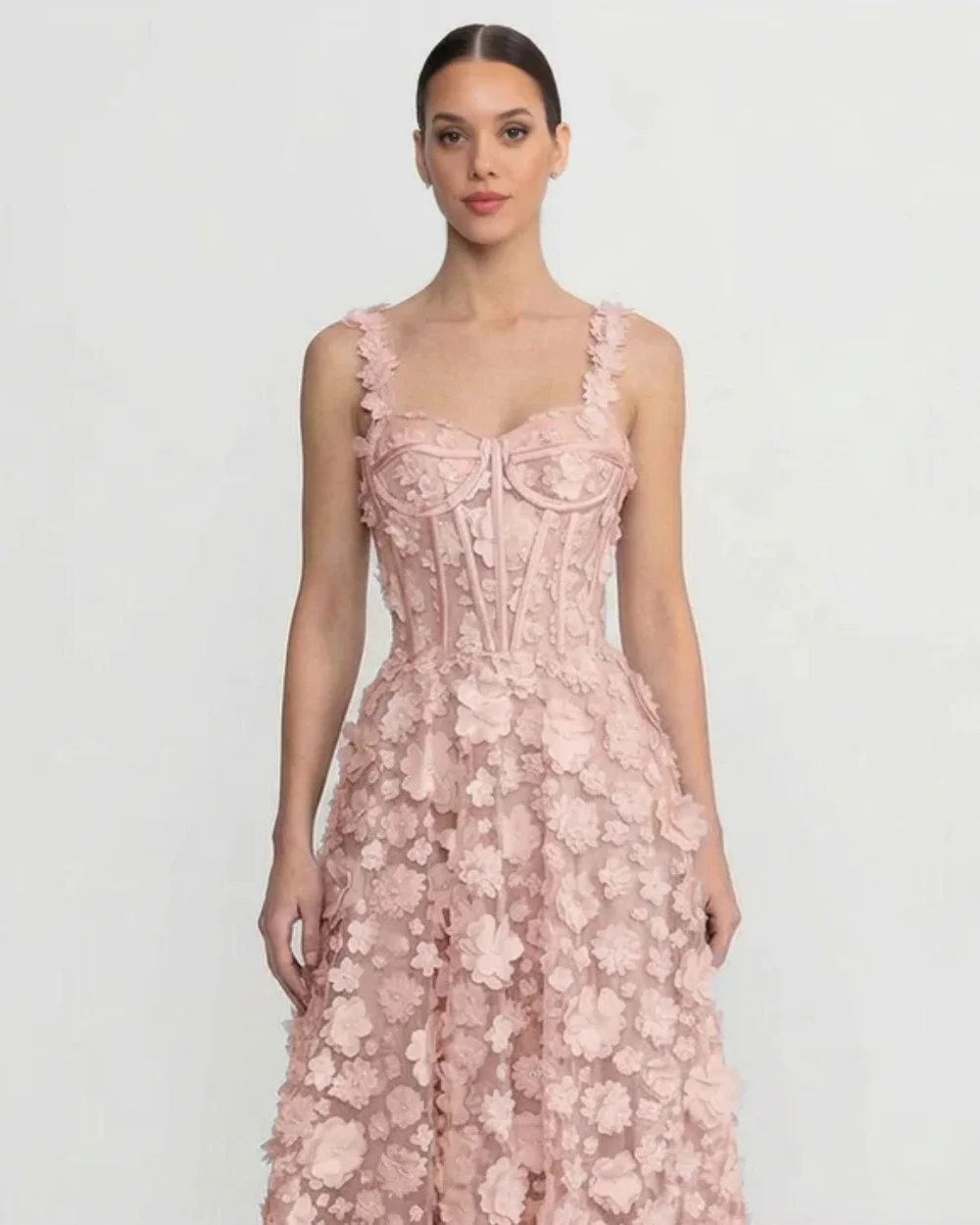 Customized Intricate Women Tulle Handmade Flower Beading A-Line Evening Dresses Formal Spaghetti Strap Sleeveless Party Gowns