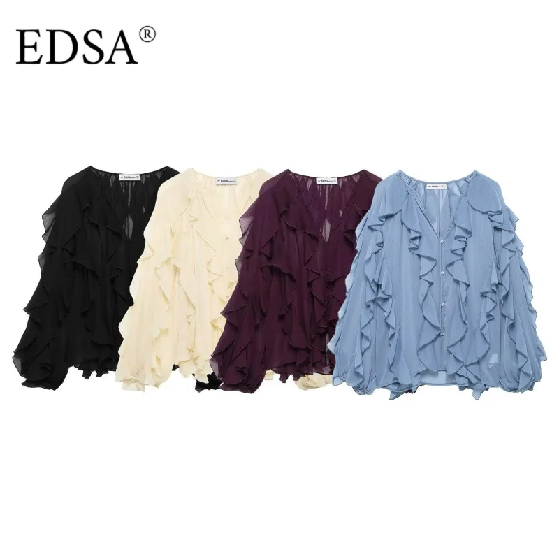 EDSA 女性半薄手のフリルシャツ V ネック長袖ブラウスボタンアップフロントファッション女性トップ