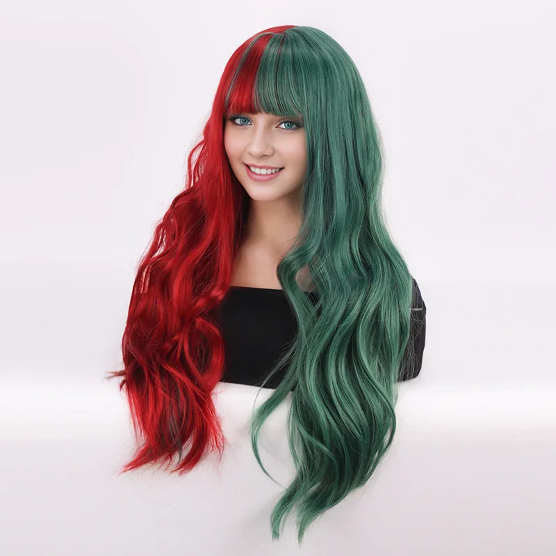 Christmas Red Green Synthetic Long Wavy Wig with Bangs Natural Looking Hairpiece Costume Party Cosplay Fiber Wig for Women