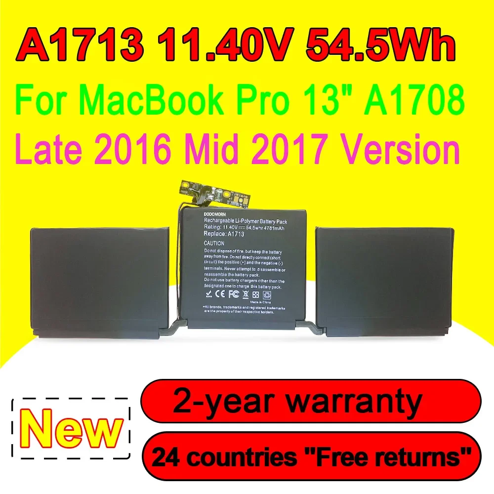 

New A1713 Laptop Battery For MacBook Pro 13" A1708 Late 2016 Mid 2017 Version EMC 2978/3164 Series 11.4V 4781mAh Rechargeable