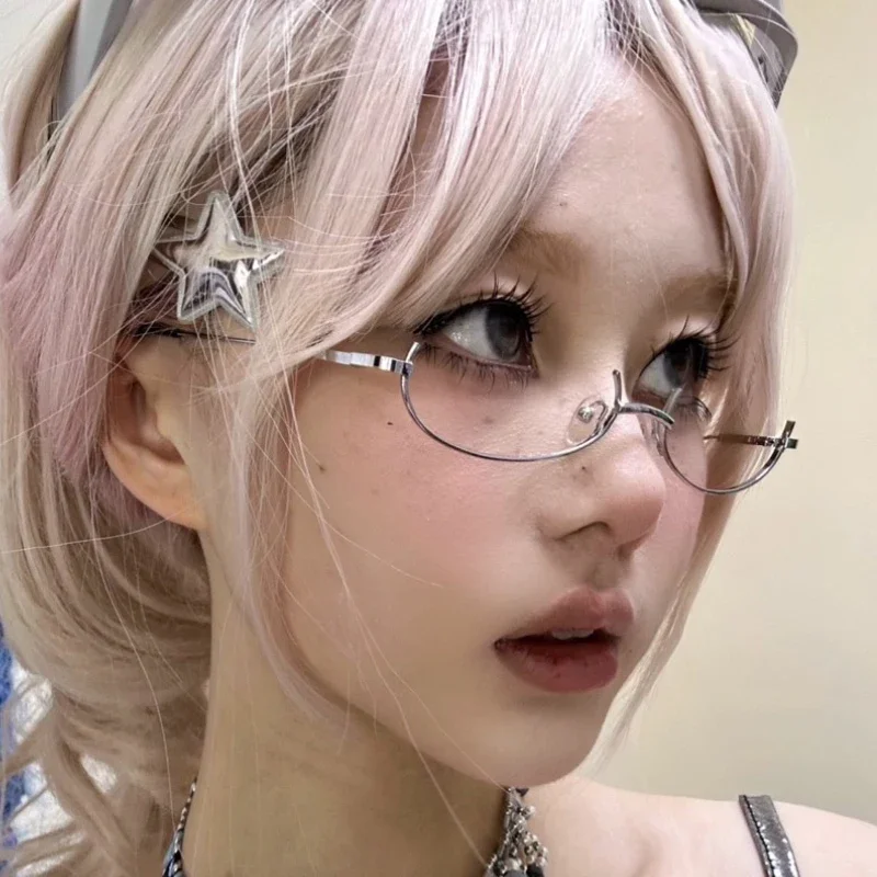 نظارات عتيقة بإطار معدني نصف إطار بدون عدسة للفتيات أنيقة لتزيين الحفلات التنكرية Y2K نظارات تصوير معدنية #3
