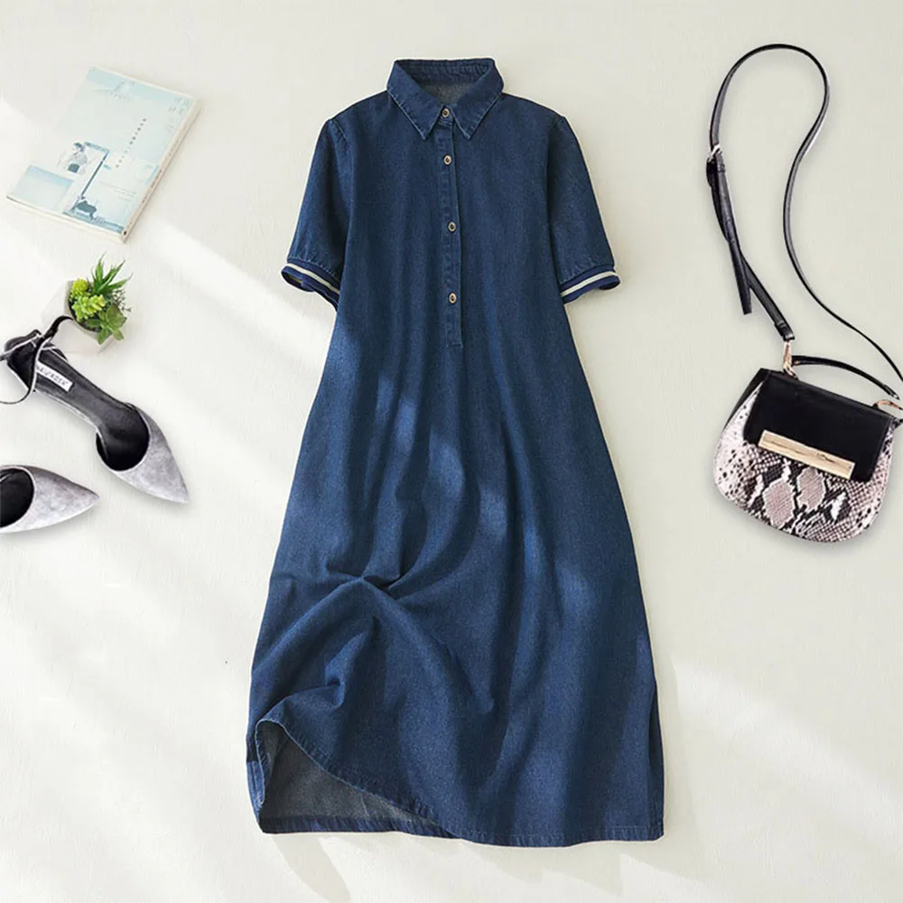 

Fashion Loose Women Denim Dress Short Sleeved Straight Summer Dresses 2023 New Lapel Collar Female Midi Jean Dress Femme Vestido