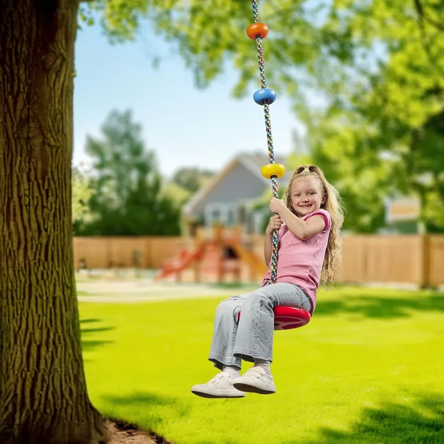 Balanço de árvore para assento de disco único e conjunto de corda de escalada arco-íris com mosquetão e alça de 2,6 pés, casa de árvore e playground ao ar livre A