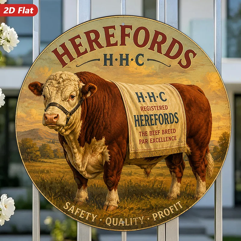 2D Flat, 1pc Hereford Cattle Vintage Round Metal Sign Wall Art, Herefords H H C Lettering, Brown White Bull Portrait, Draped Bre