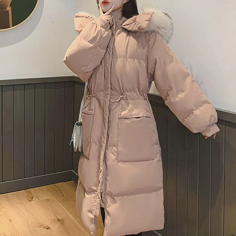 2023 Winter Women Long Thicken Cotton Coat Fur Collar Hooded Elastic Drawstring Warm Jacket Fashion Loose Casual Female Parkas