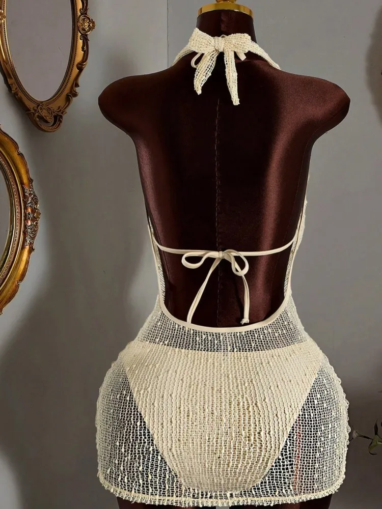 One Piece Sexy Women Mini Beach Dress Hollow-Out V-Neck Sleeveless Bikini Cover-Ups Dress Fall Backless Holiday Dress 2026