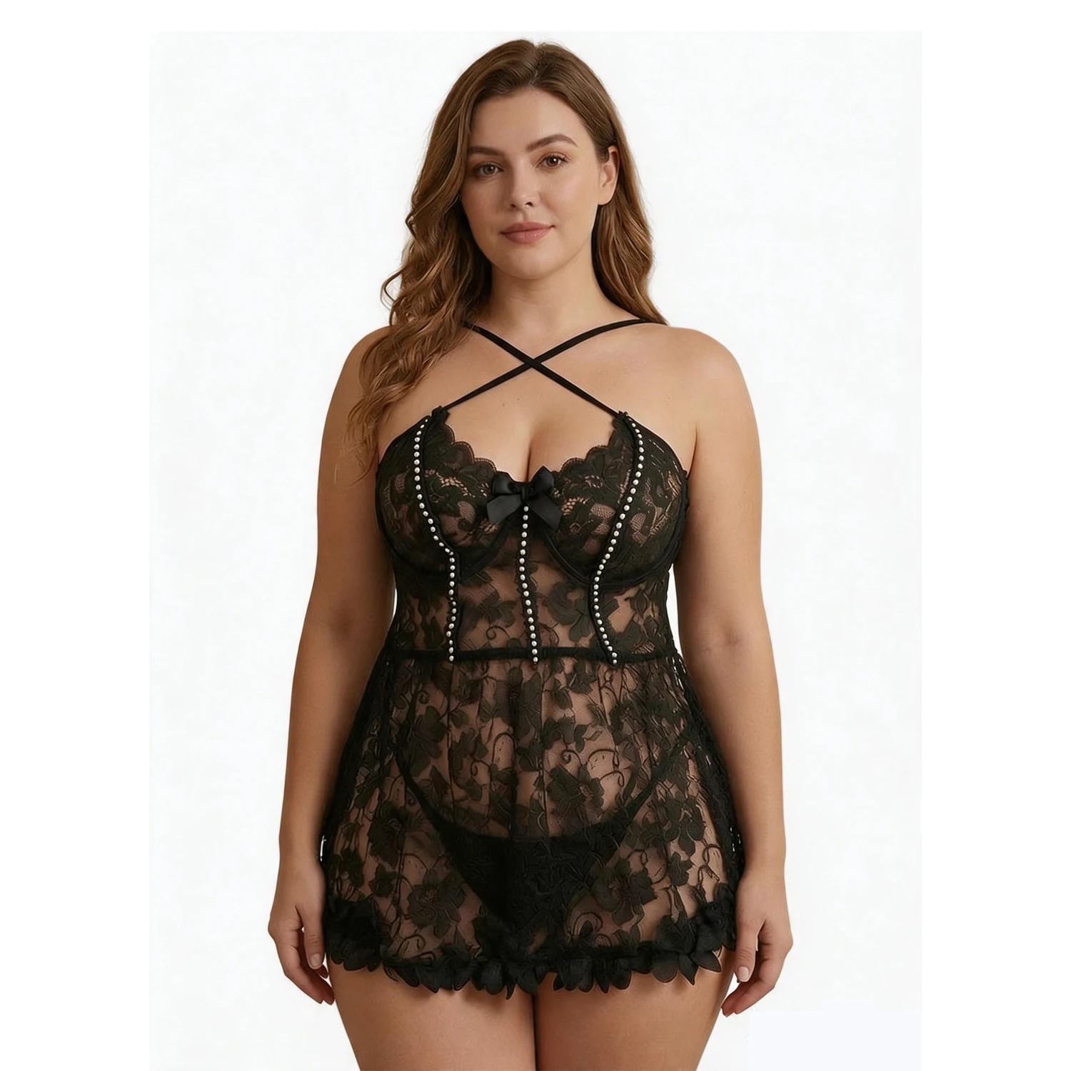 

2pcs Women's Plus Size Sexy Lace Backless Camisole Transparent Dresses Pure Desire Dress+G-String Panty Set
