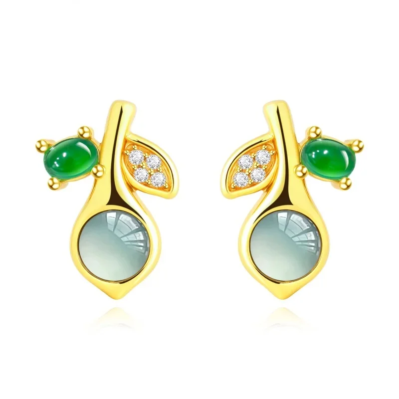 Hot-Sale New Gold-Plated Leaf Earrings Natural Jadeite Round Zircon Plant Earrings Jewelry Women,Gift