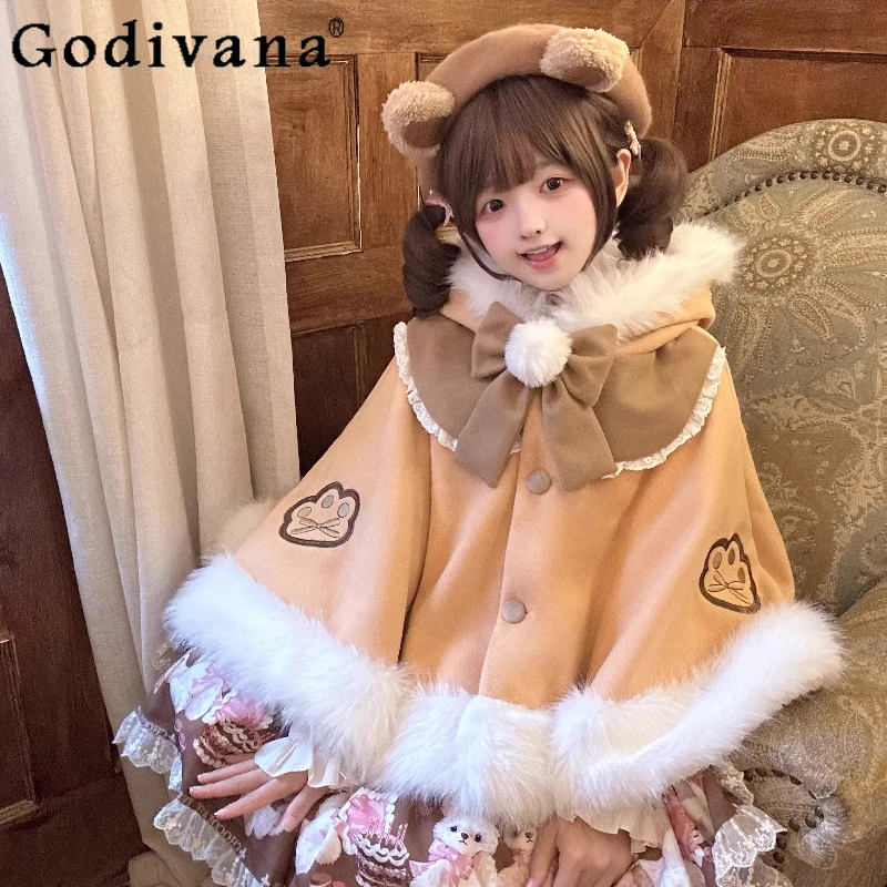 

Fleece Lined Lolita Cape Shawl Female Thickened Christmas New Year Cute Outerwear Capes Women's Japanese Style Lolita Coat