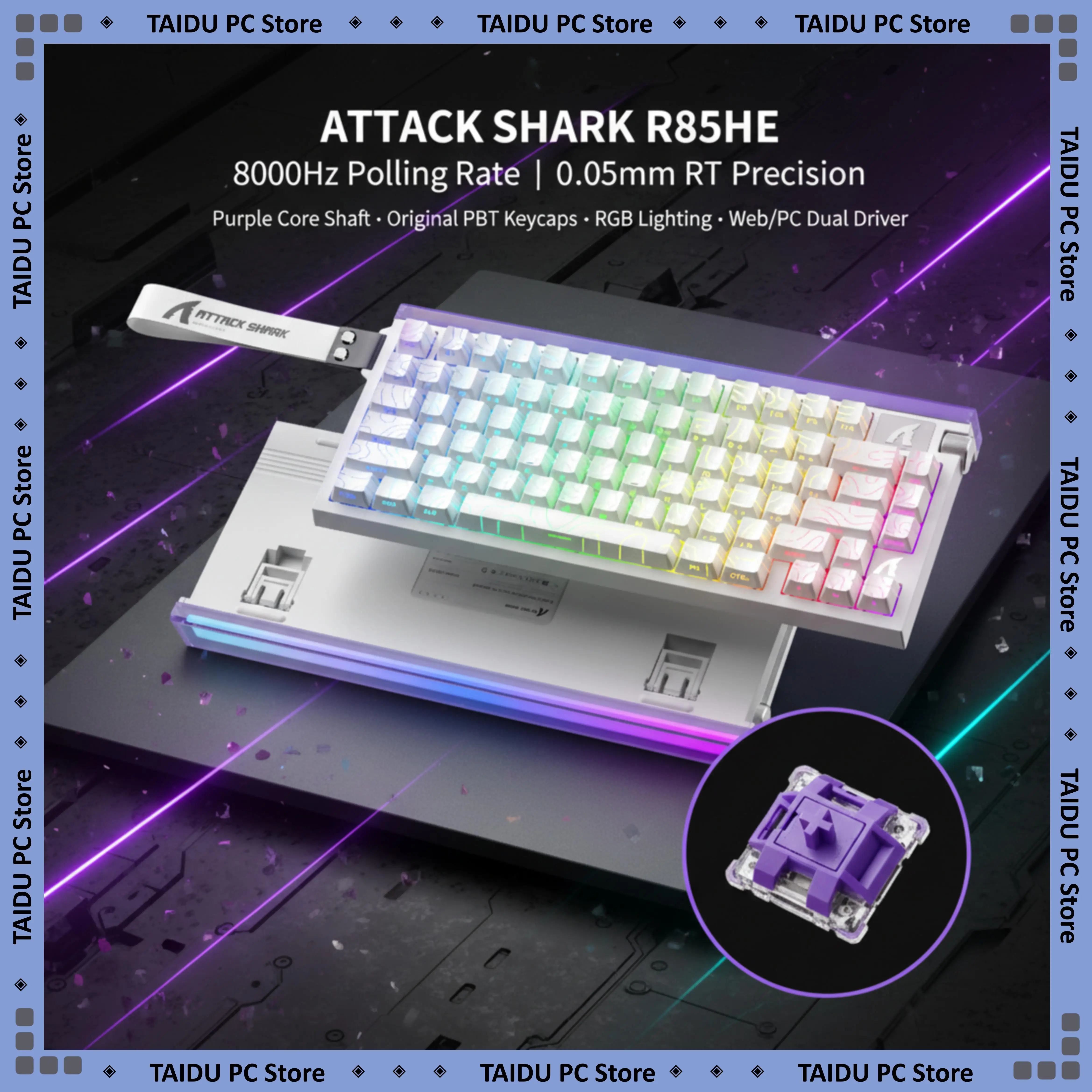 ATTACK SHARK R85HE Wired Mechanical Keyboard Purple Core Shaft PBT Keycaps 8000HZ RGB Lower Lamp 0.005mm RT Precision