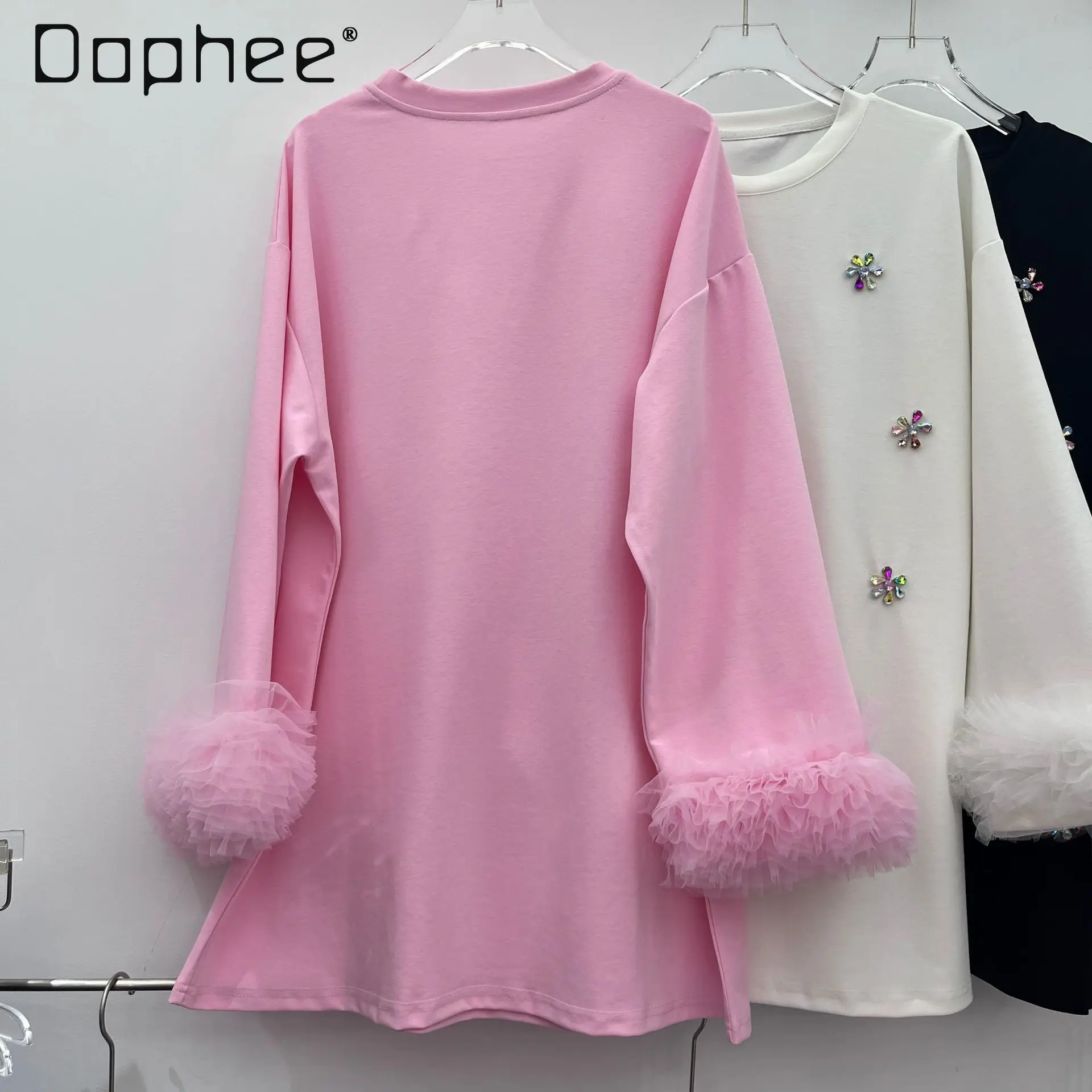 Korean Trendy Fashion Plush Patchwork Long Sleeve Oversized Sweatshirt Heavy Beaded Flower Round Neck Casual Sweatshirt Women