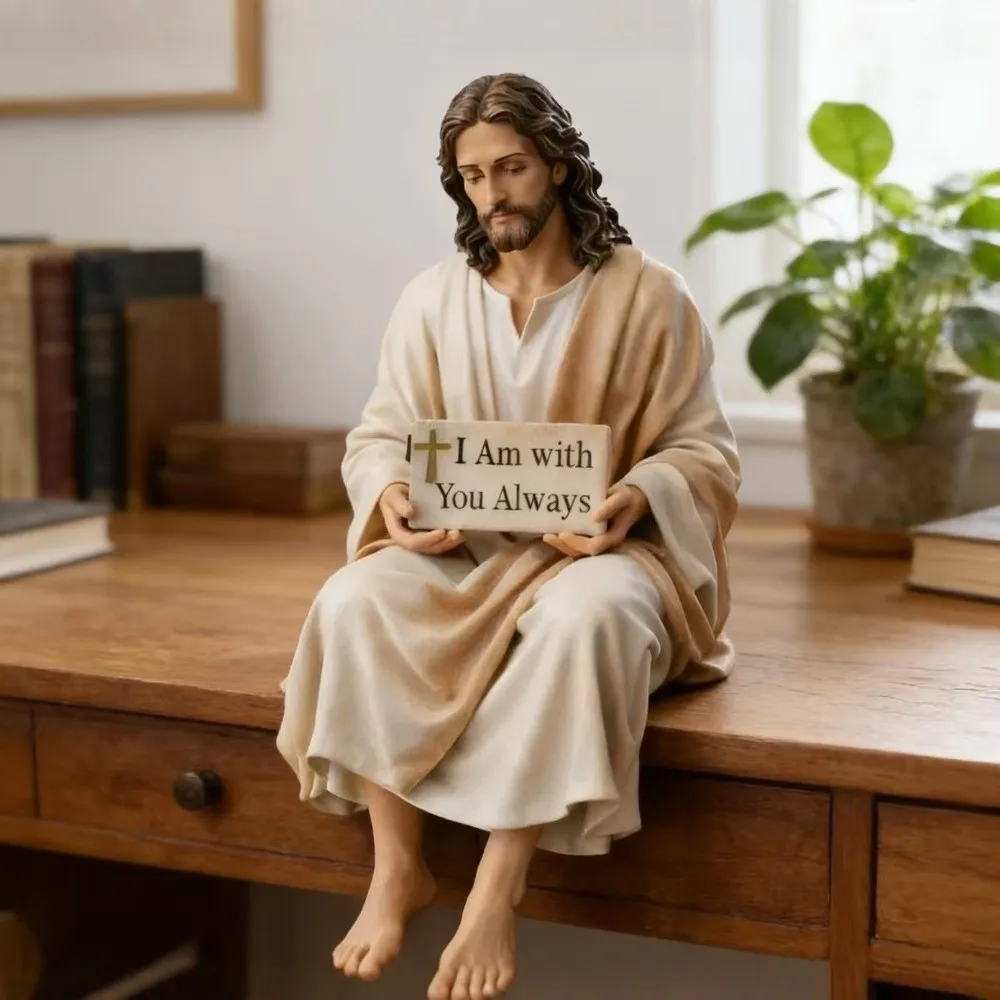 Hand Painted Jesus Figurine I Am with You Always Sitting Pose Resin Jesus Ornament Handmade Unique Jesus Christ Statue