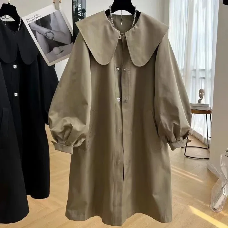 Women Trench Coat Autumn Korean Loose Design Oversized Simple Jacket Lapel Single Breasted Lantern Sleeves Lovely Girls Outwear