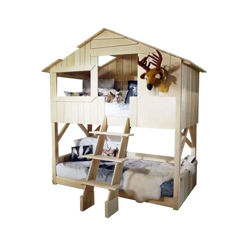 Children's double tree house bed, all solid wood boys on and off the bed, princess castle bed slide