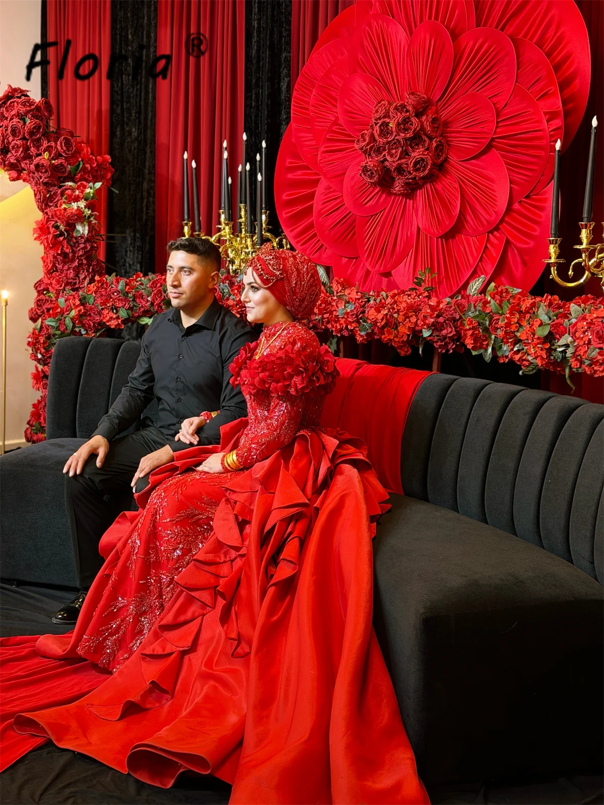 Dubai Red Wedding Dress with Detachable Ruffled Train Crystals Beads Mermaid Bridal Gown Formal Party Customized Vestidos noche