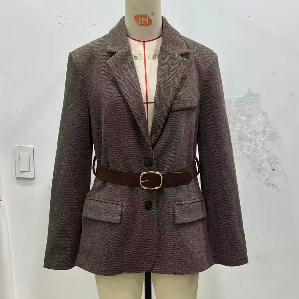 Stylish Herringbone Belted Blazers for Women Long Sleeve Blazer with Lapel Collar and Shoulder Pads Autumn Brown Suits with Belt