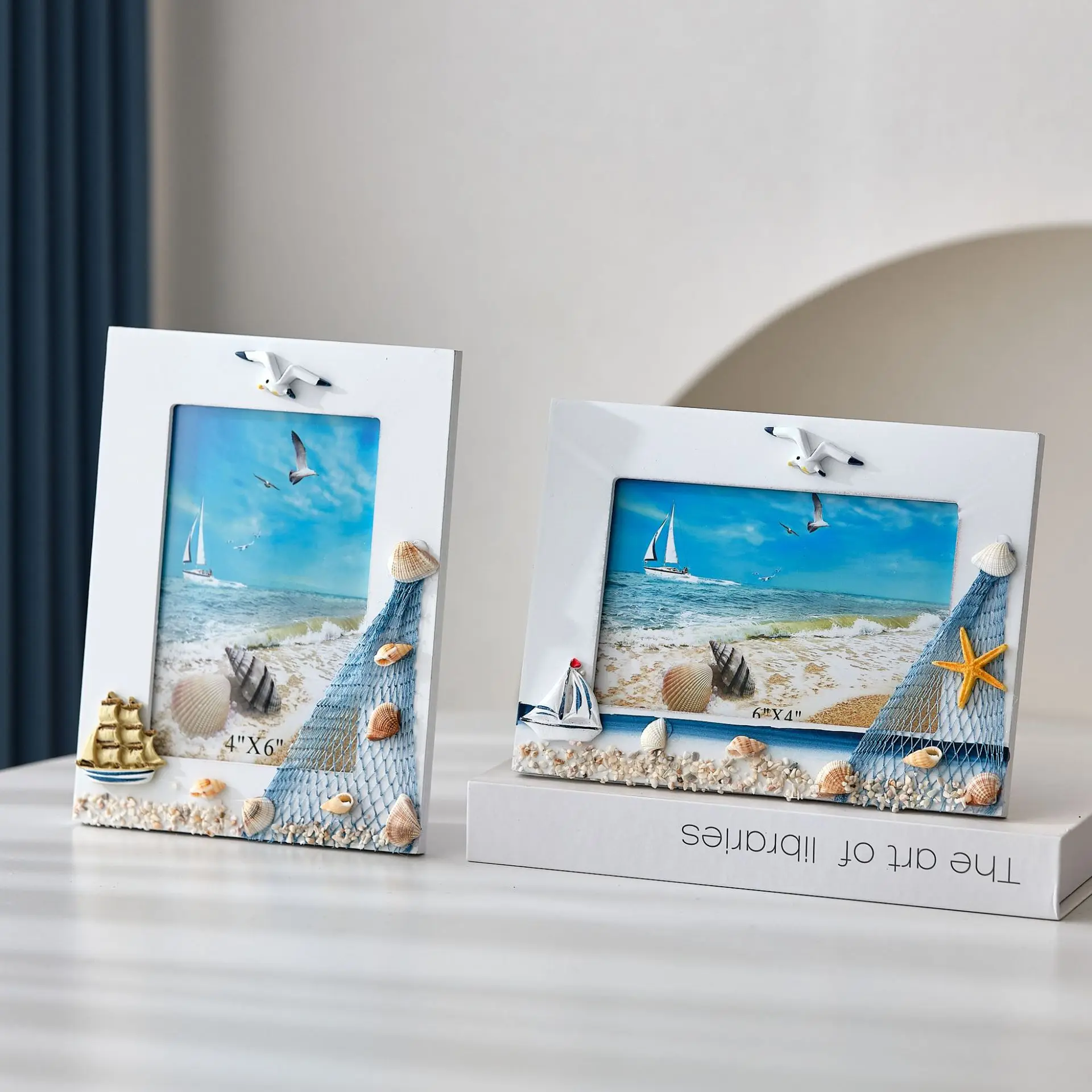 Mediterranean Style 6-inch Ocean Photo Frame Shell Starfish Wooden Photo Album Home Decoration Wooden Photo Frame Ornaments