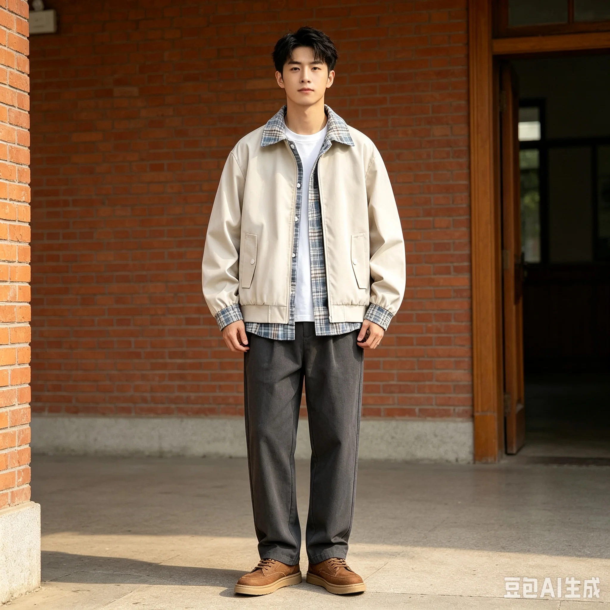 Fake two piece checkered spliced jacket jacket for men's spring loose casual top