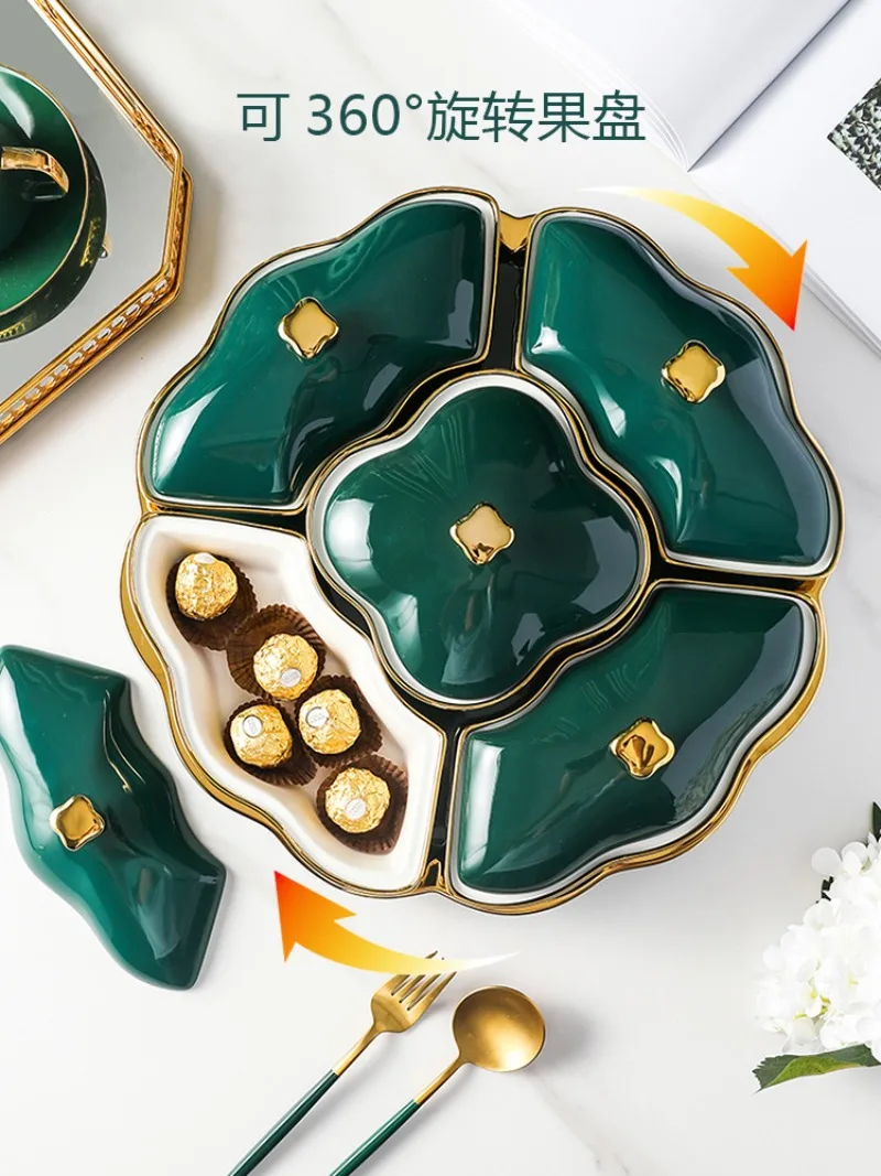 Rotatable, ceramic grid with lid European snack storage box candy box living room light luxury dried fruit plate