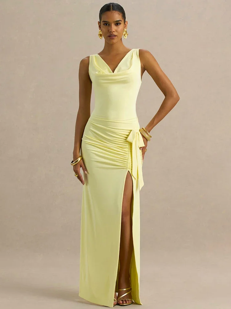

Cowl Neck Backless Ruched Sexy Maxi Dress Women Fashion Elegant Sleeveless Thigh High Split Club Party Long Dresses