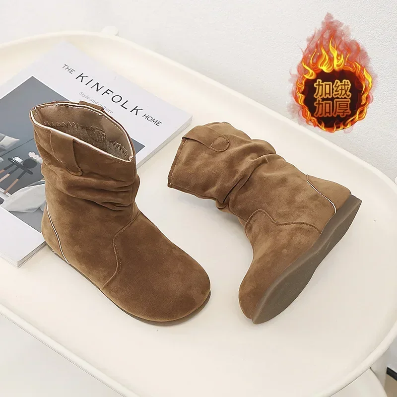 Botas de moda para niños, botas informales cálidas de felpa con parte inferior plana y cabeza redonda para otoño/invierno, nuevas botas cortas Retro para niñas