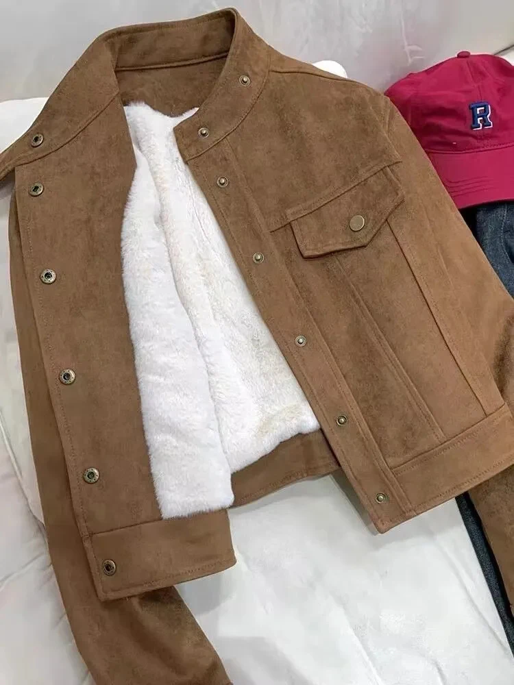 

Winter Thick Fleece Warm Jacket Women Korean Loose Streetwear Stand Collar Coats Y2K Fashion Single Breasted Crop Outwear New