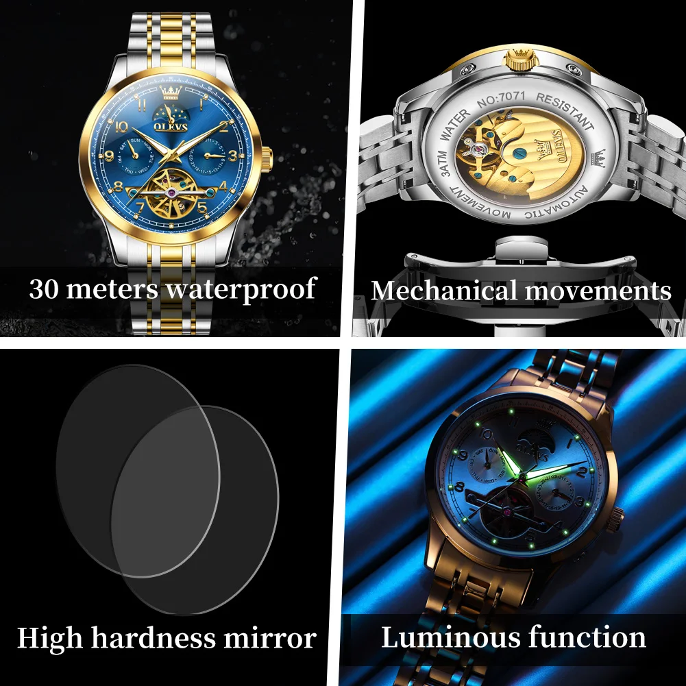 OLEVS 7071 Moon Phase Men's Watch Fashion Skeleton Flywheel Calendar Waterproof Luminous Automatic Mechanical Watches for Man