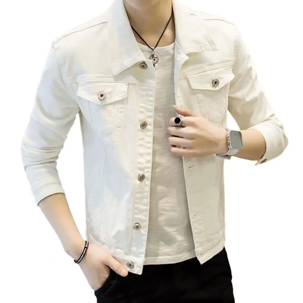 

Men Slim Denim Jacket Solid Color Turn-down Collar Long Sleeve Outerwear