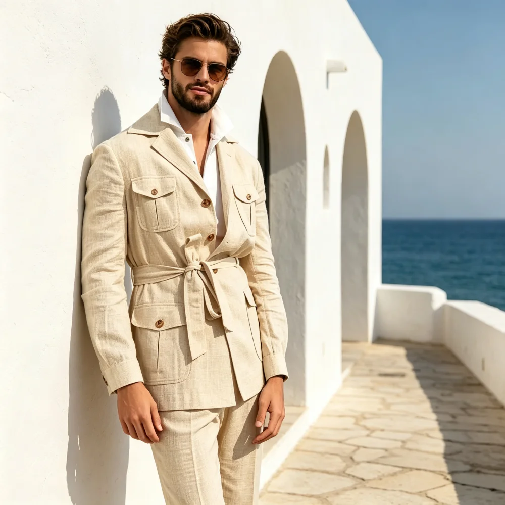 2 Pieces Men's Linen Suits Safari Multi‑Pockets  Casual Summer Outfit Belted Men's Suits For Beach Wedding