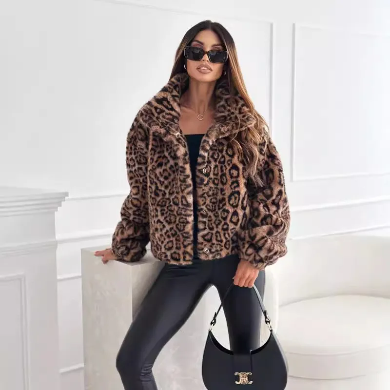 Leopard Print Turn Down Collar Coat Regular Fit Elegant Women Coat with Long Sleeve Lapel Collar Urban Thick Wrinkle Finish