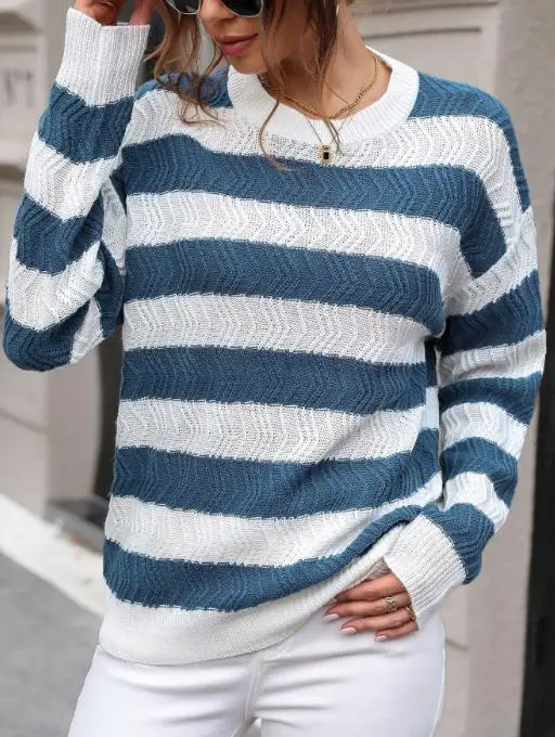 New women's fashionable casual clothing pullover for autumn 2025, women's contrasting striped sweater