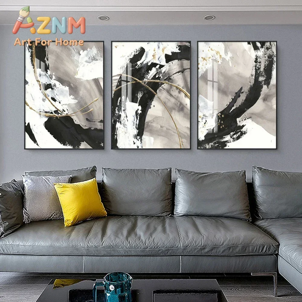 AZNM Black White Gold Splash Canvas Wall Art, Abstract Ink Brush Texture Print, Living Room Modern Wall Decor Poster