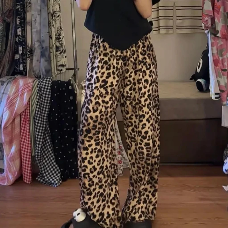 Pantalones informales con estampado de leopardo para mujer, pantalón holgado de seda de hielo de cintura alta, a la moda