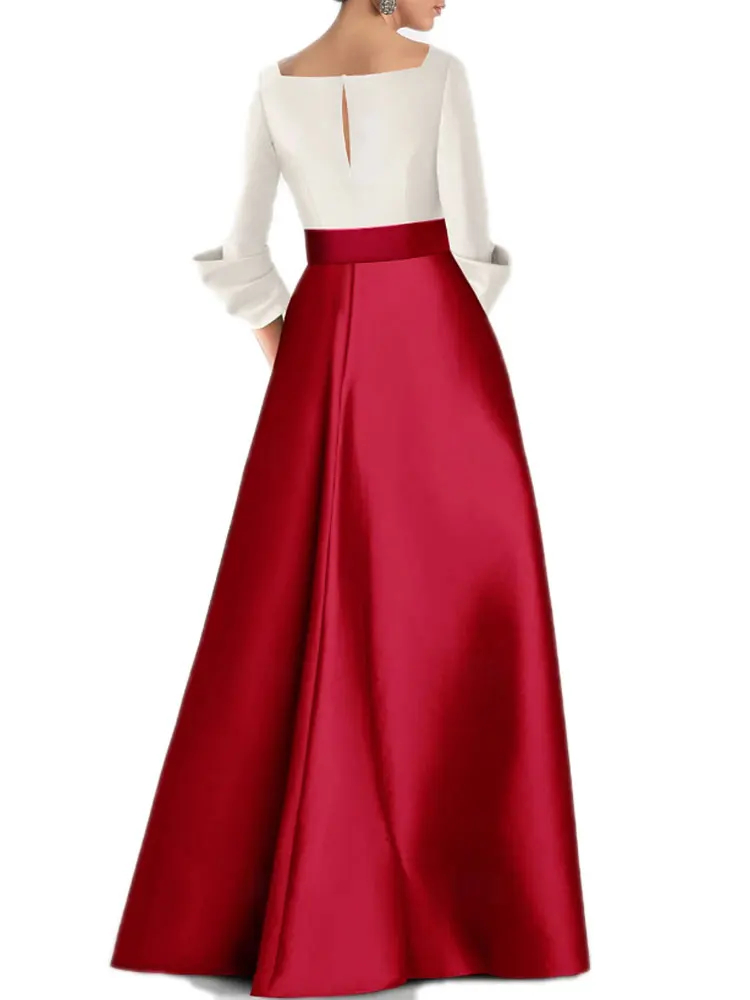 Red Sheath Evening Gown Elegant Dress Formal Christmas Floor Length 3/4 Length Sleeve V Neck Belt Sash Satin with Slit Customize