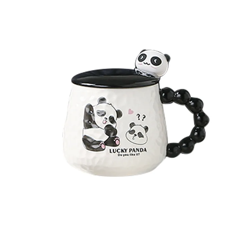 Cute Relief Panda Ceramic Cup High Appearance Level Cartoon Mug with Hand Gift Household Coffee Breakfast Milk Tumbler Cups