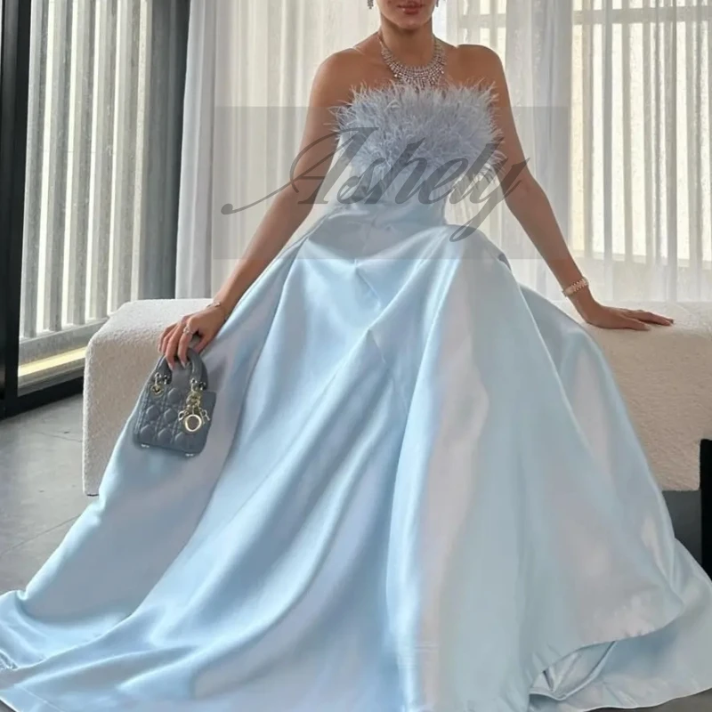 사용자 정의 우아한 여성 공식 특별 행사 드레스 깃털 새틴 라인 긴 댄스 파티 웨딩 파티 vestido de gala noche mujer