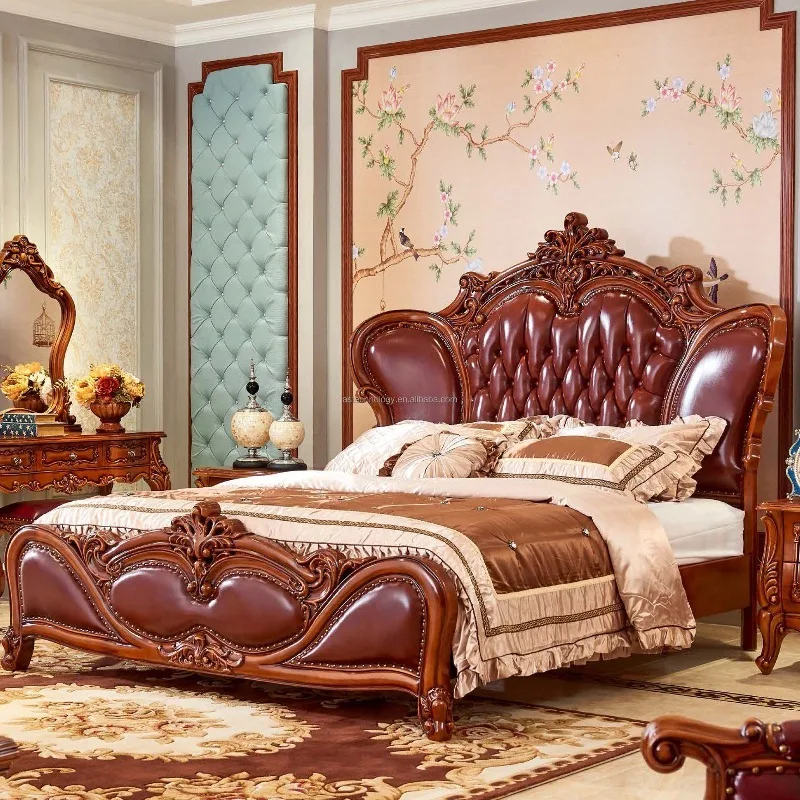 Hot Selling European Luxury Classic Carved Solid Wood Frame Leather Bed French Antique Royal Bedroom Furniture Single Double Bed view 6