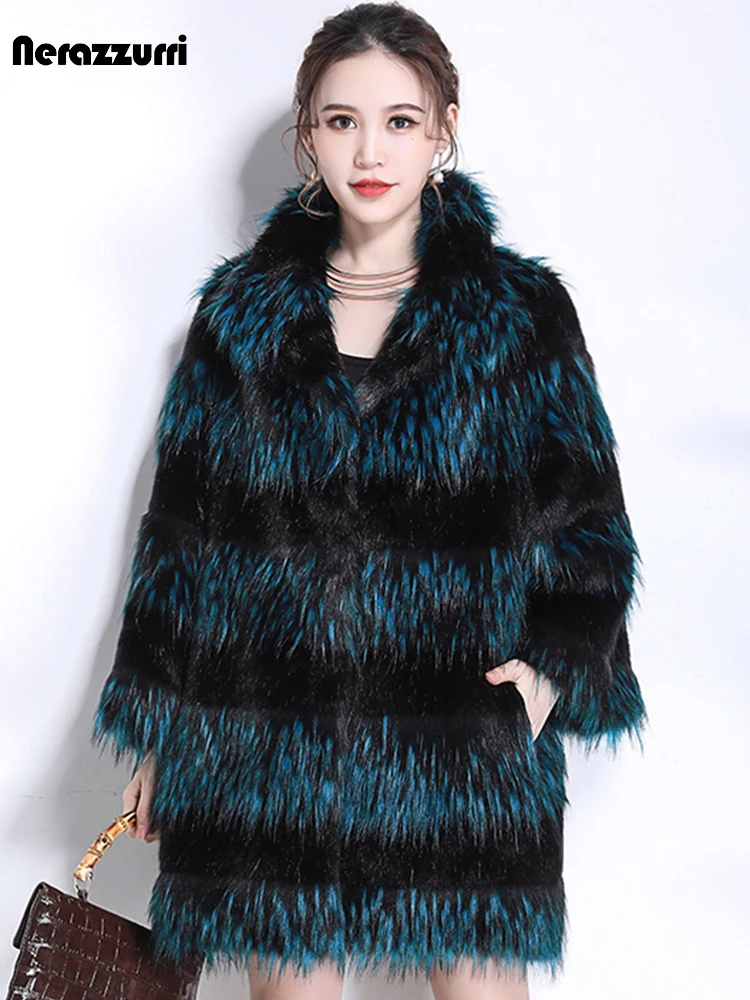 Nerazzurri Winter Oversized Colorful Faux Fur Coat Women 3/4 Sleeve Stand Collar Gradient Warm Thick Hairy Shaggy Fluffy Jacket